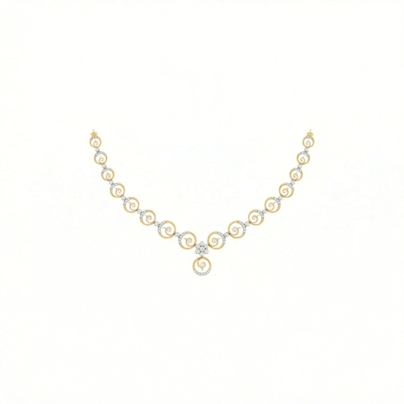 Yellow gold and diamond pearl necklace on a white background