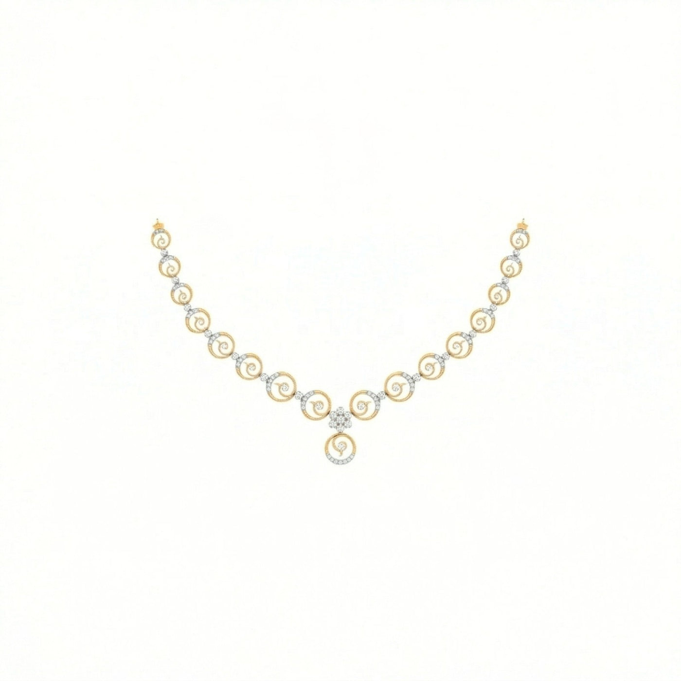 A yellow gold necklace with a repeating pattern of swirls and center floral design, shown on a plain white background.