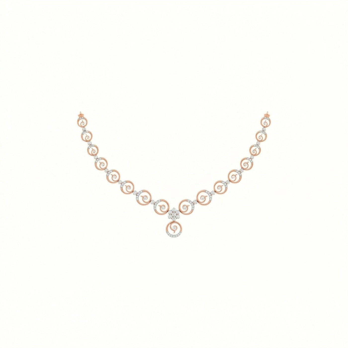 A rose gold necklace with a repeating pattern of swirls and center floral design, shown on a plain white background.