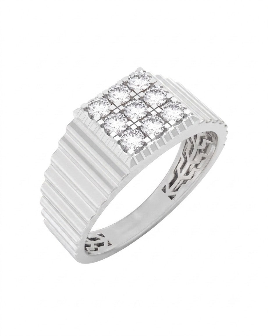 A white gold men's ring featuring a square cluster of clear pavé diamonds, shown against a plain white background.