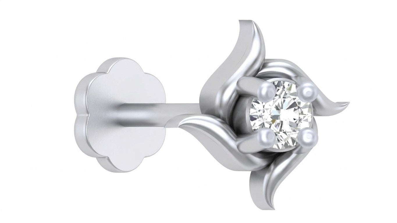 White gold and diamond stud nose pin on a white background