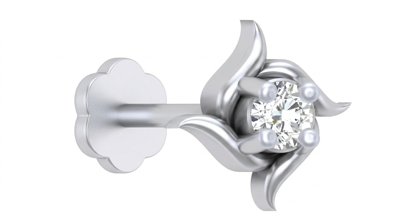 White gold and diamond stud nose pin on a white background
