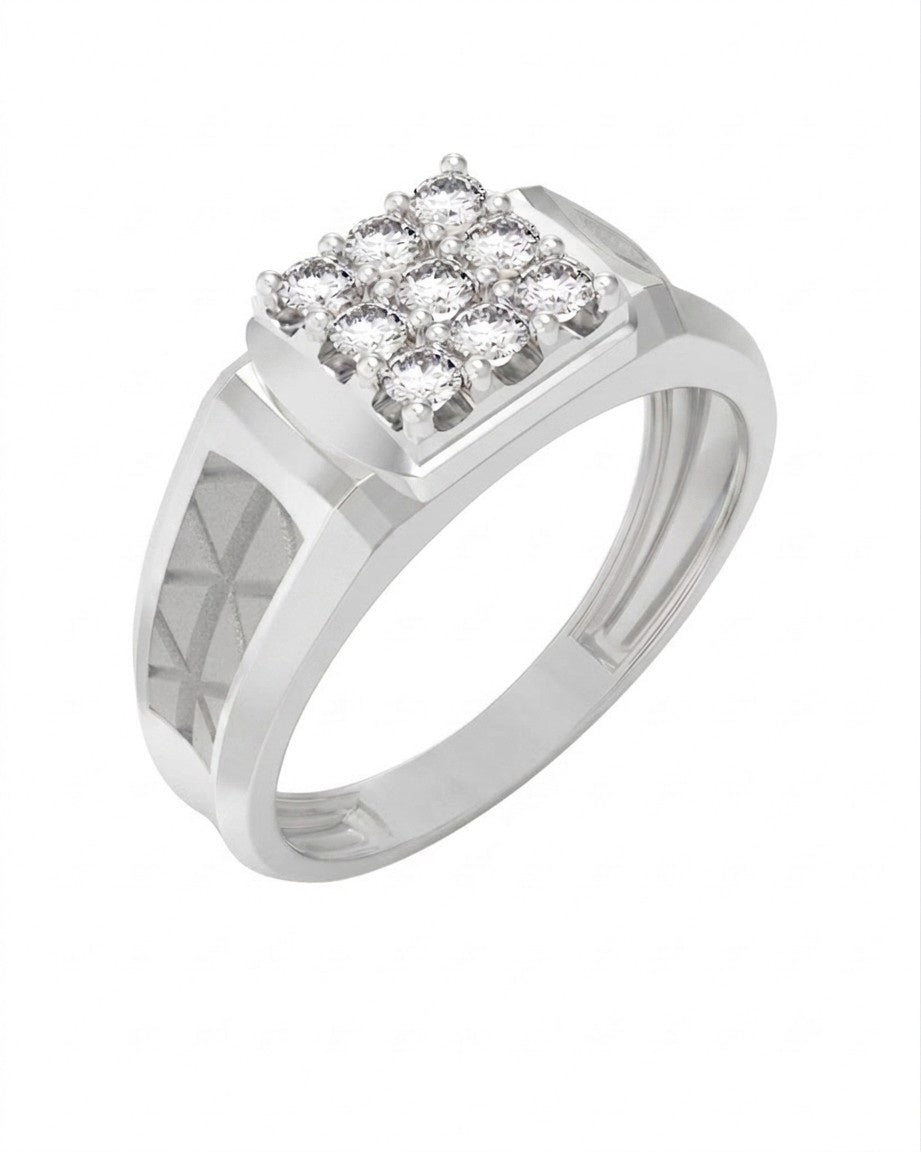 A ring featuring a white gold band and a silver-toned square-shaped, shown on a plain white background.