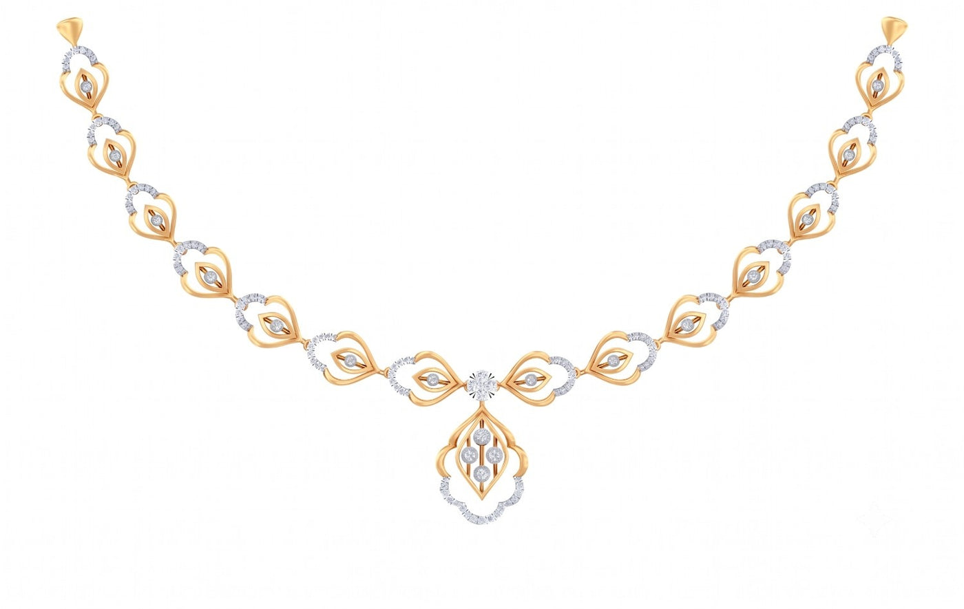 A yellow gold and diamond necklace with a symmetrical design, featuring floral-shaped motifs on a solid white background.
