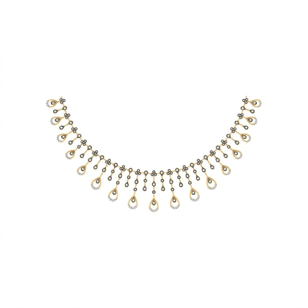 A yellow gold and diamond teardrop necklace, displayed on a solid white background.