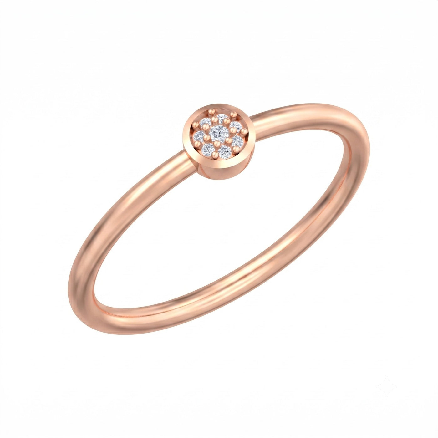 Rose gold ring with a central diamond surrounded by smaller diamonds set in a gold band.