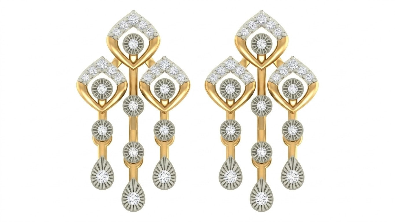 A pair of yellow gold and diamond dangle earrings with clear gemstones