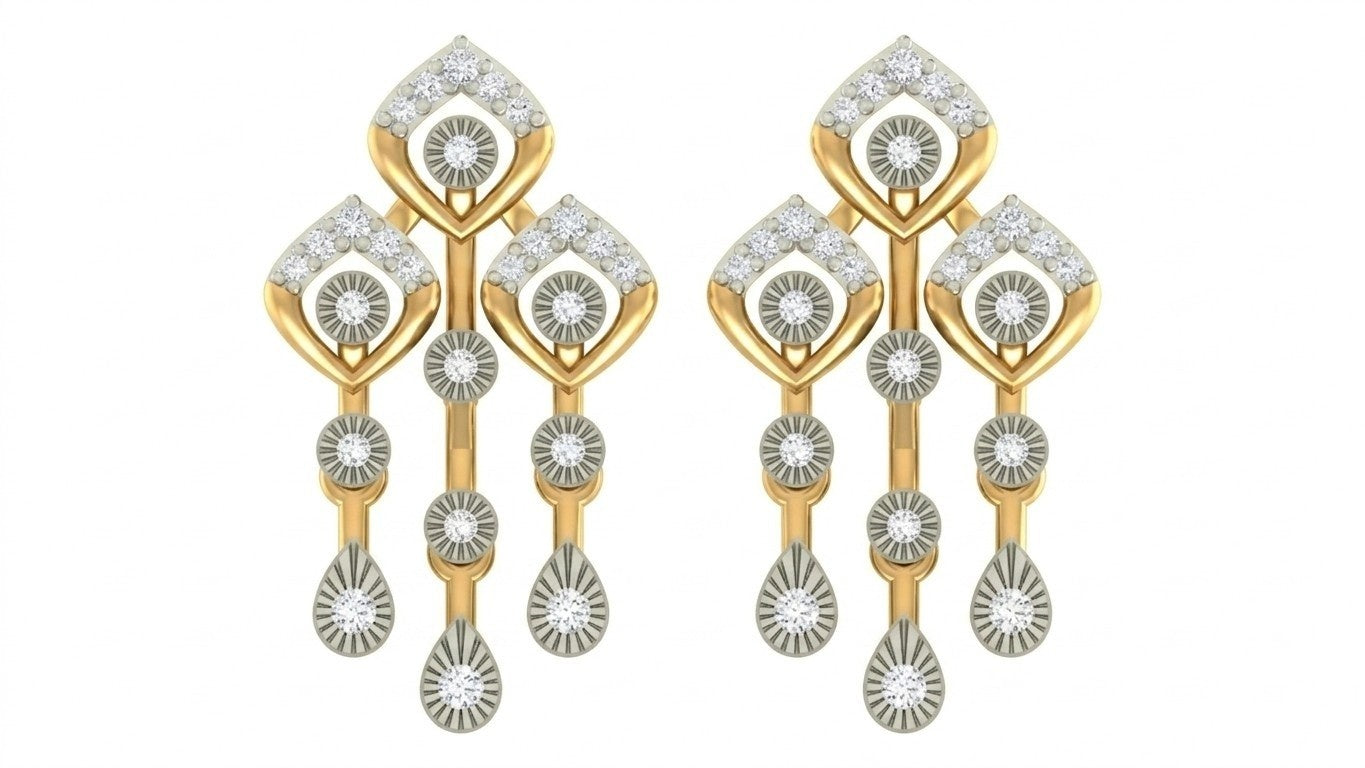A pair of yellow gold and diamond drop earrings with clear diamond, displayed on a solid white background.