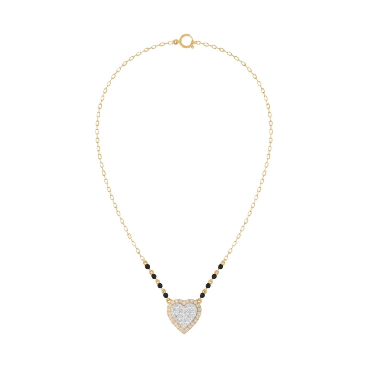 yellow gold and diamond mangalsutra with a heart-shaped on a white background