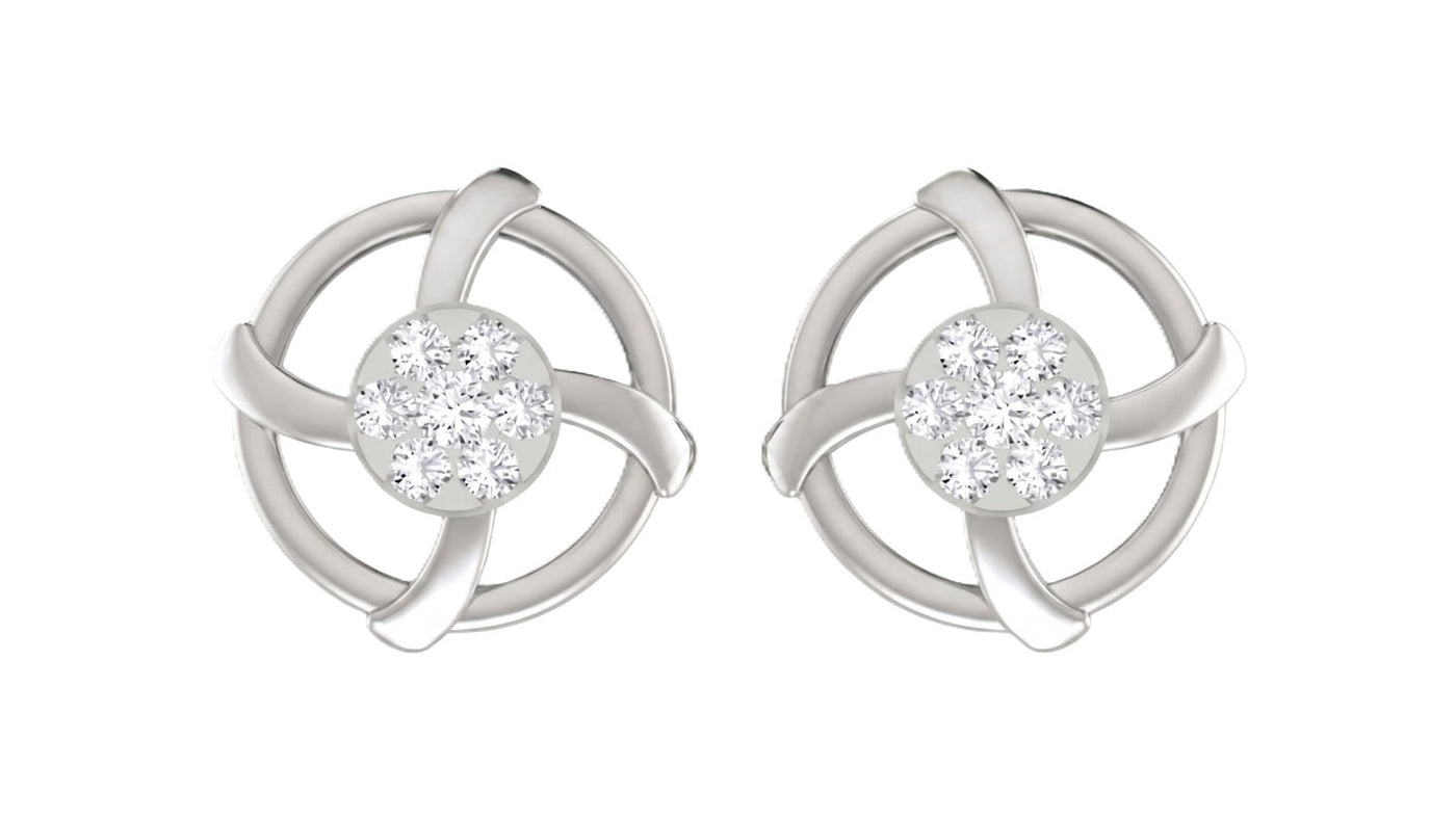 White gold and diamond round-shaped earrings on a white background