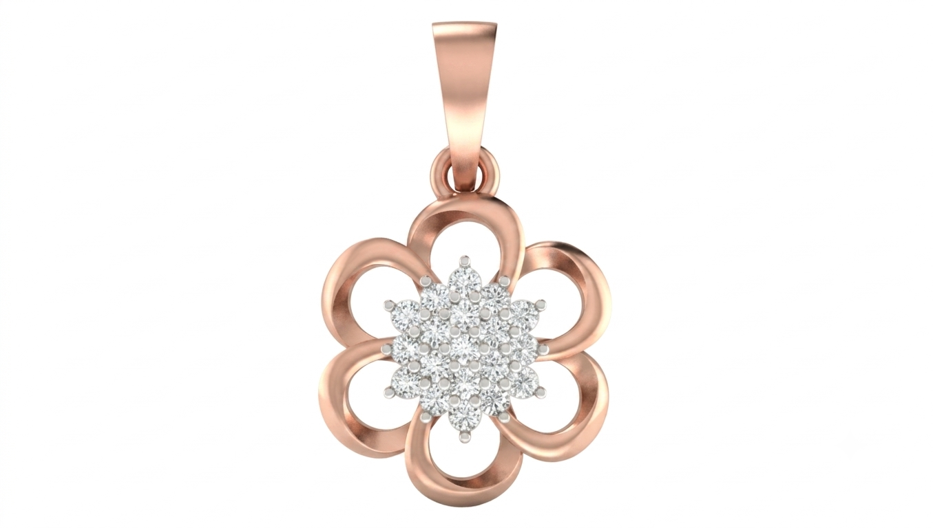 Rose gold and diamond floral pendant on white background