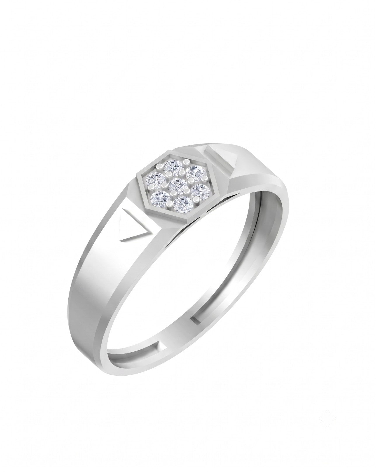 A white gold ring with a geometric, band and a central cluster, shown on a plain white background.