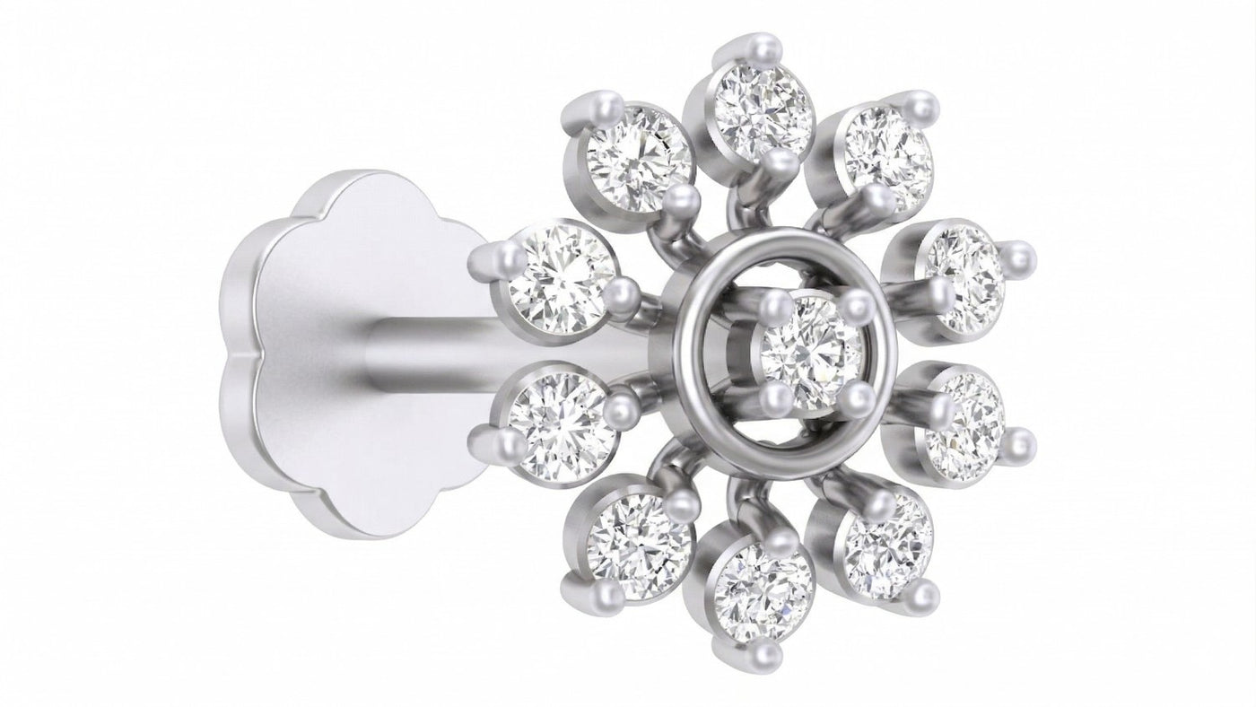 white gold and diamond stud nose pin with clear gemstones on a white background
