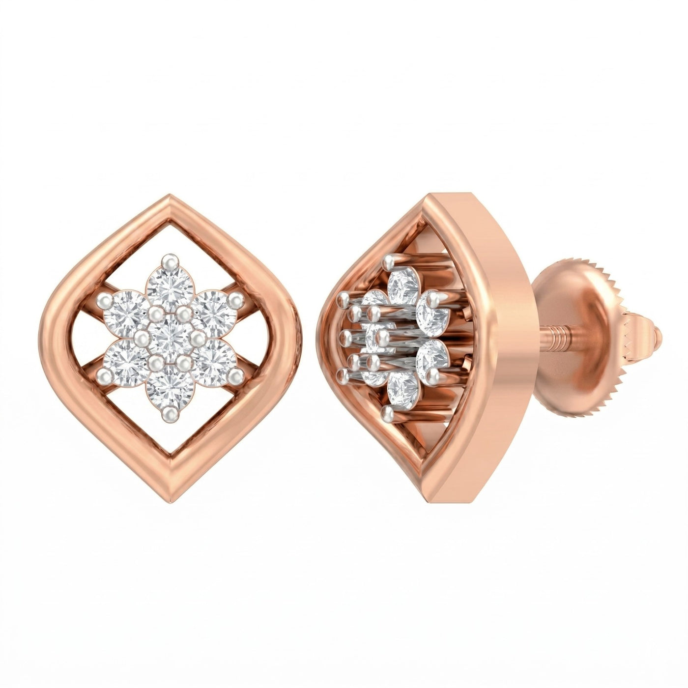 Rose gold and diamond stud earring on a white background.