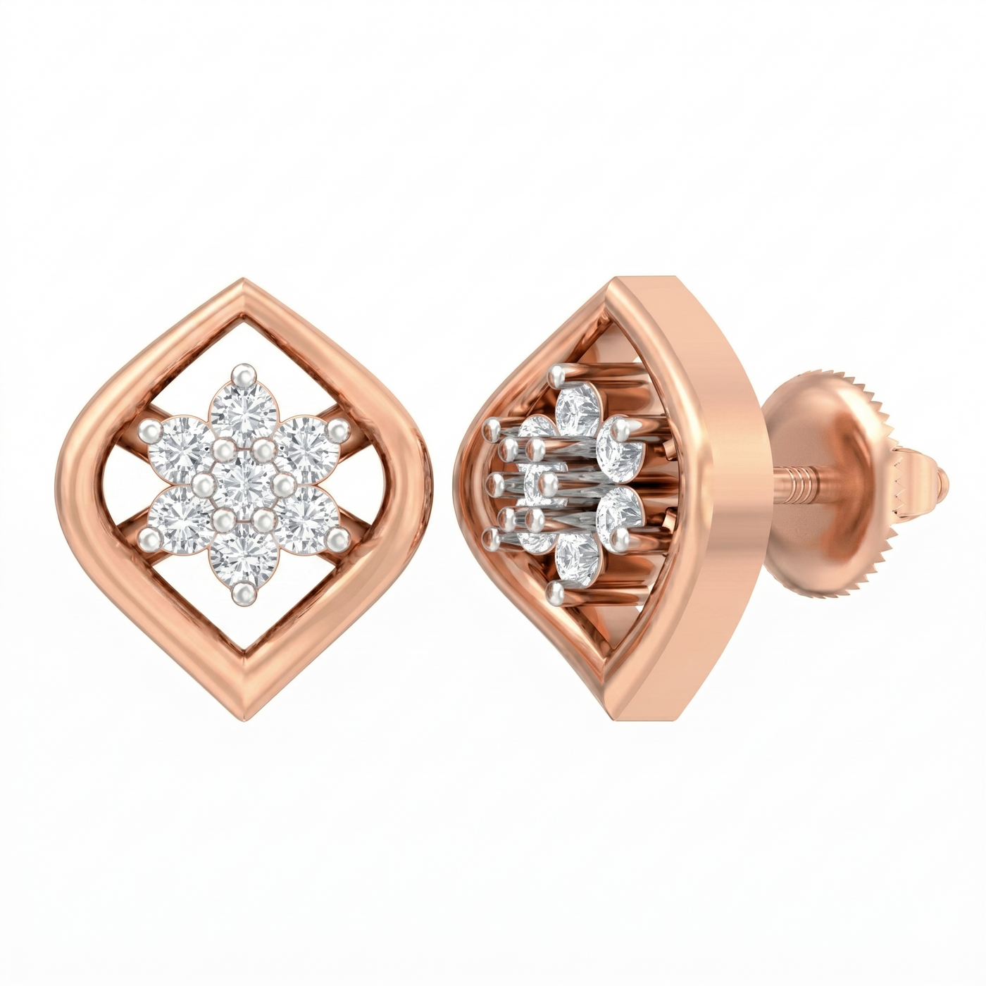 Rose gold and diamond stud earring on a white background.