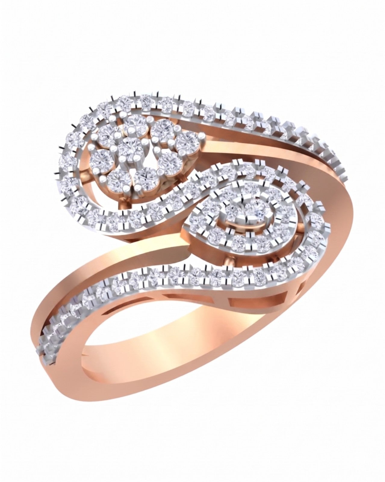A rose gold and diamond gold spiral ring, shown on a plain white background.