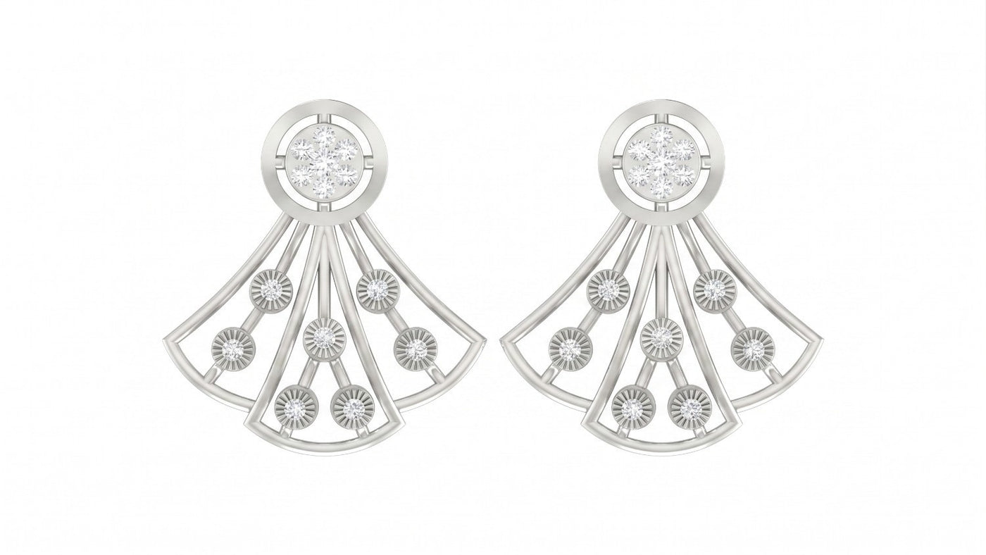 Pair of white gold and diamond earrings with fan-like design on a white background.