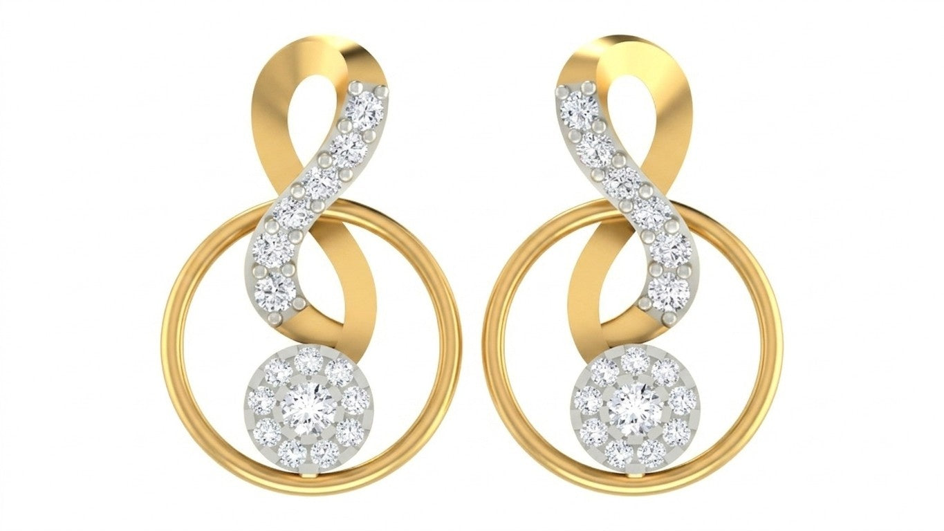 Yellow gold and diamond stud earring with round-shaped on a white background.