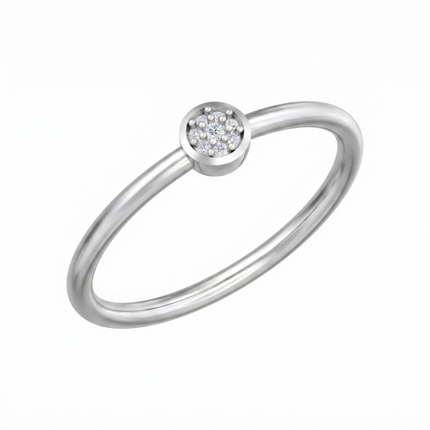 White gold ring with a central diamond surrounded by smaller diamonds set in a gold band.
