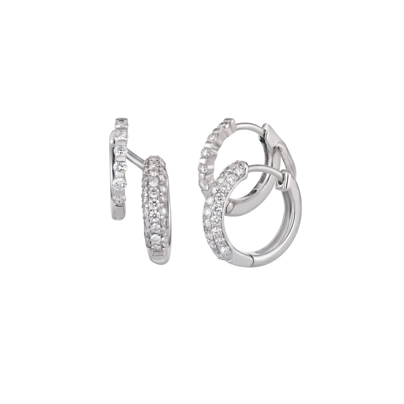 White gold hoop earrings with small diamonds on a white background