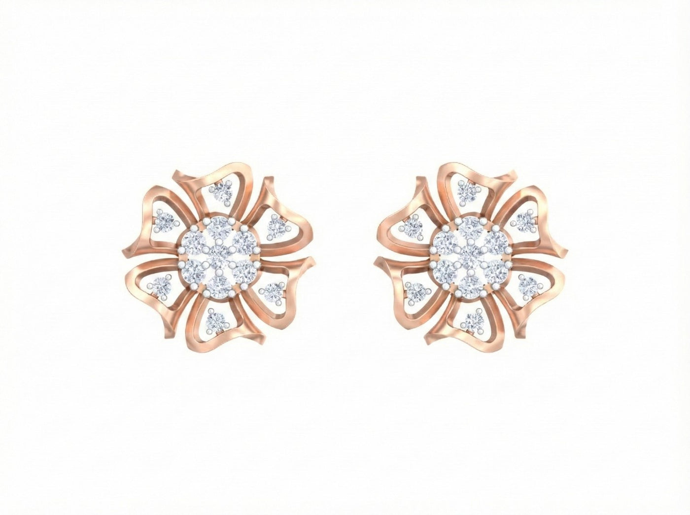 Rose gold floral earrings with diamond-like stones on a white background