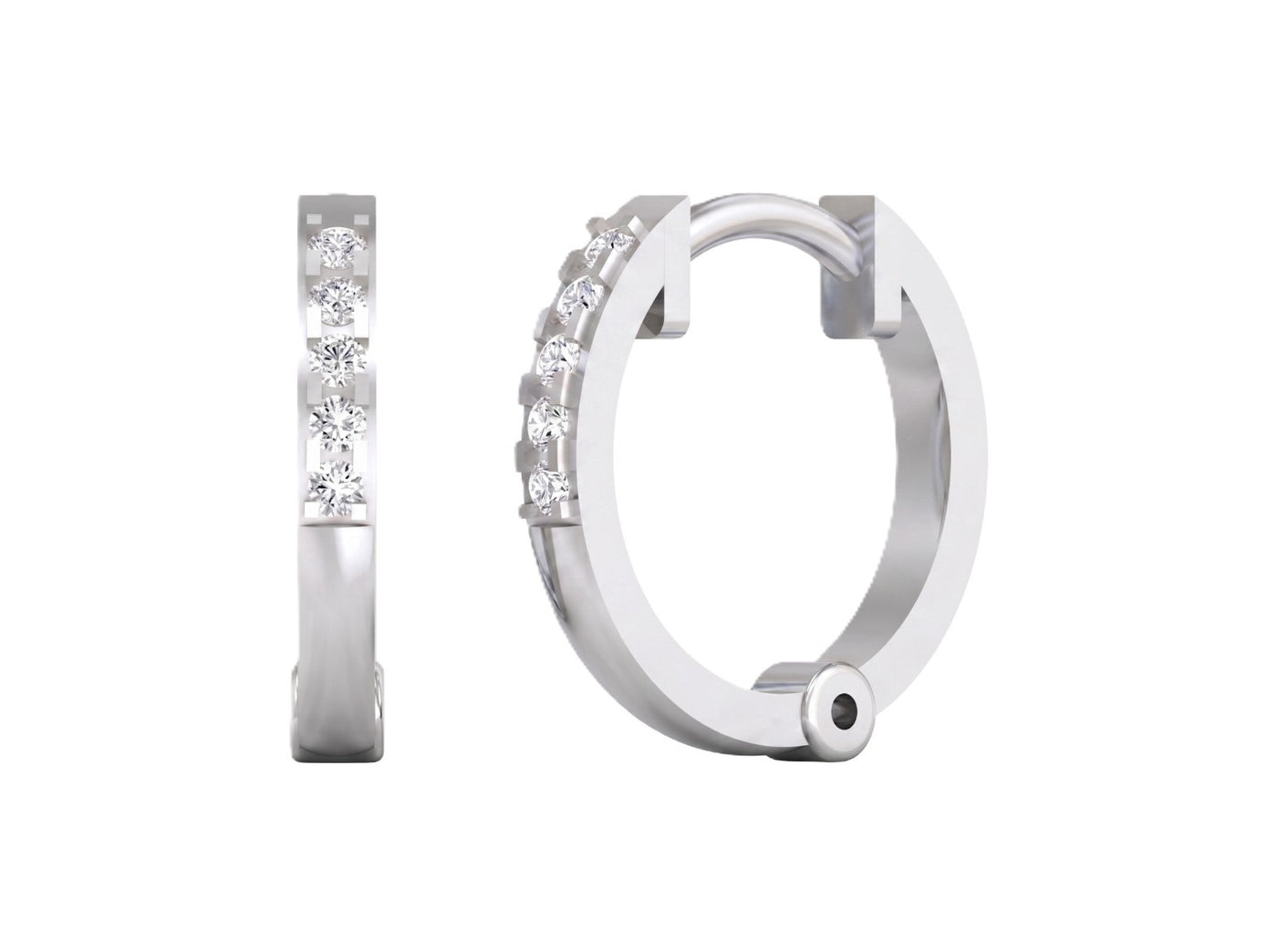 White gold and diamond hoop earring on a white background.