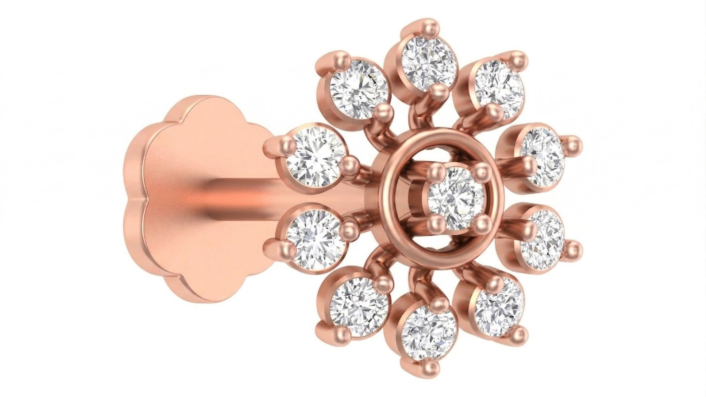 rose gold and diamond stud nose pin with clear gemstones on a white background