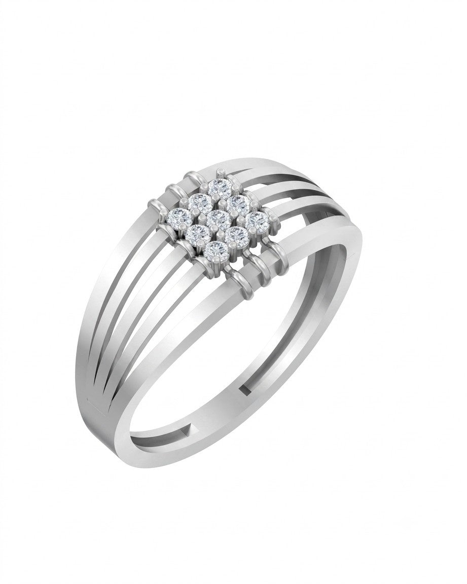 A white gold ring with a band design and a central cluster, shown on a plain white background.