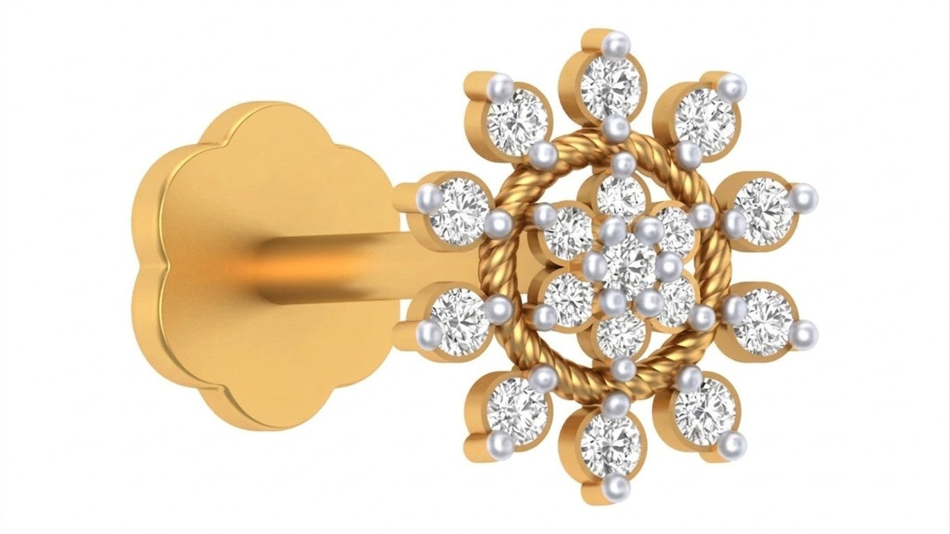 Yellow Gold nosepin with diamond-like stones on a white background