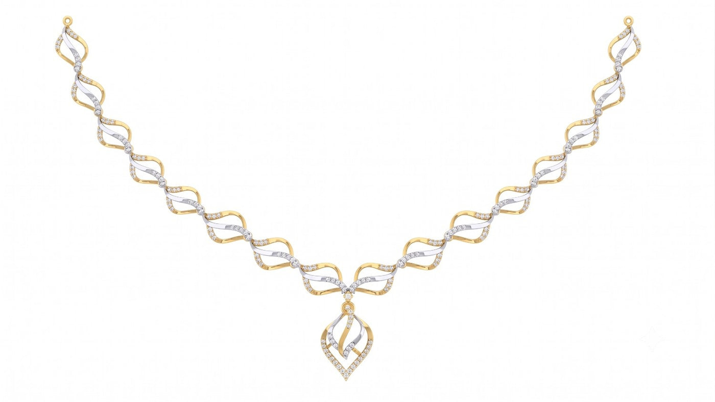 A yellow gold and diamond necklace featuring teardrop design, displayed on a solid white background.