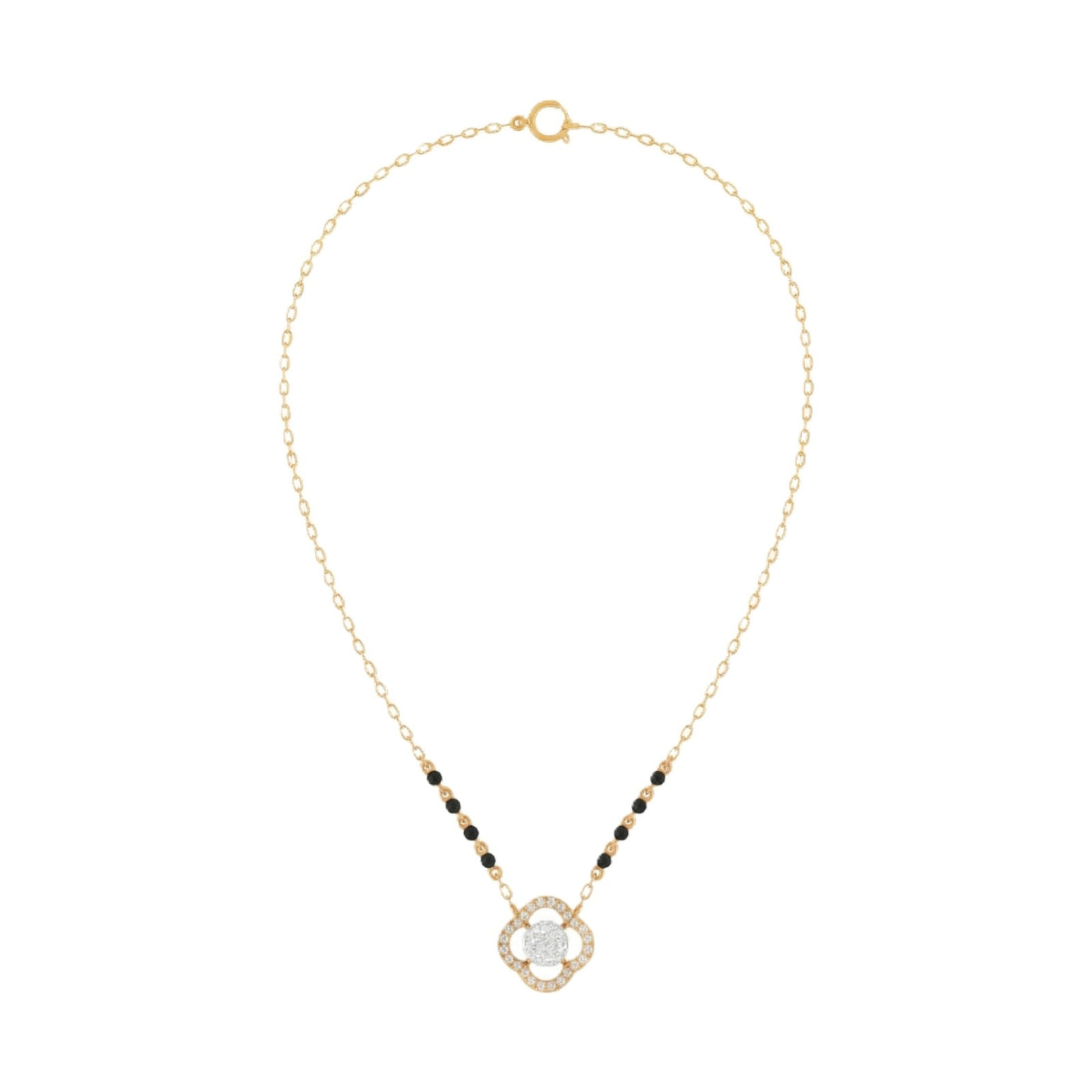 yellow gold and diamond mangalsutra with a round diamond on a white background