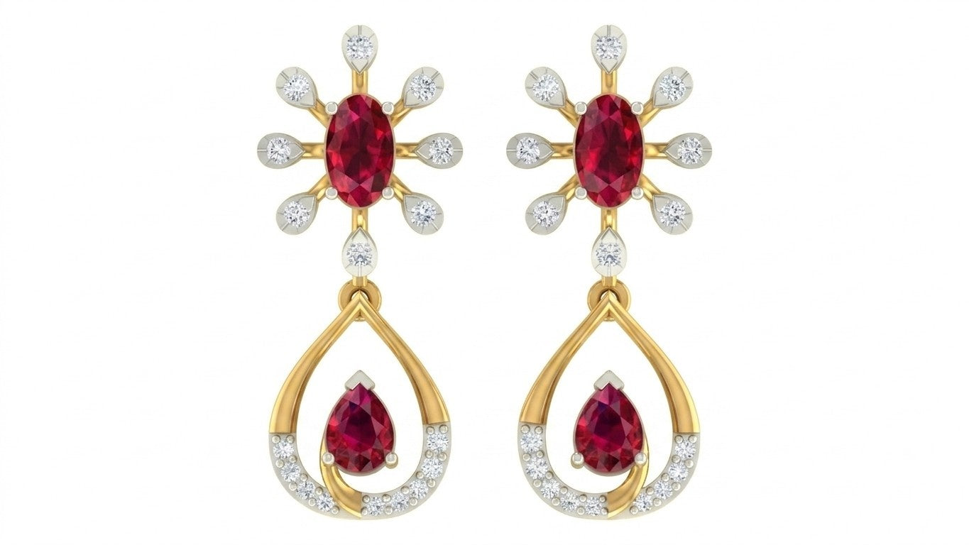 Yellow gold and diamond teardrop-shaped earrings with clear gemstones on a white background