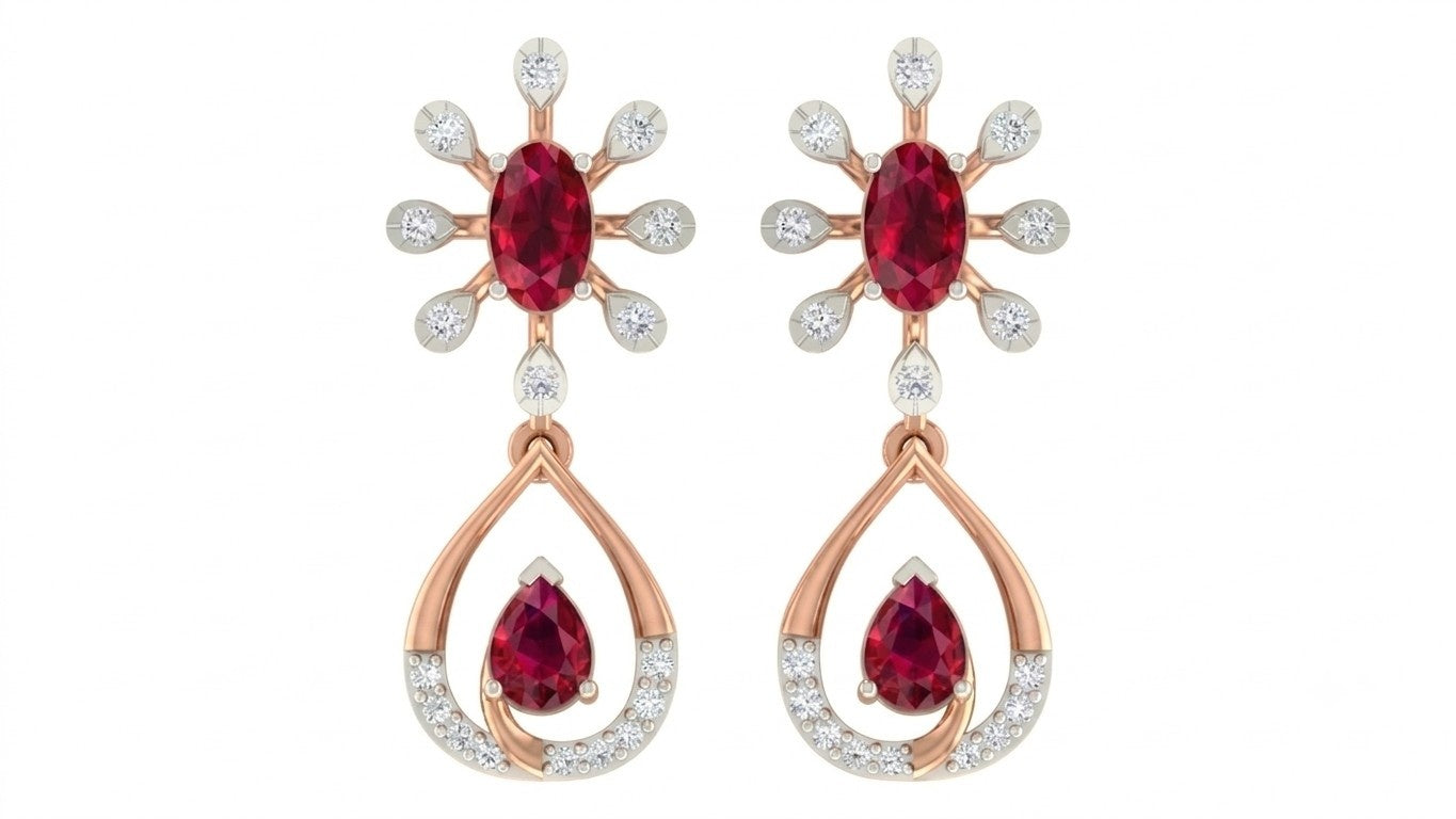 Rose gold and diamond teardrop-shaped earrings with clear gemstones on a white background
