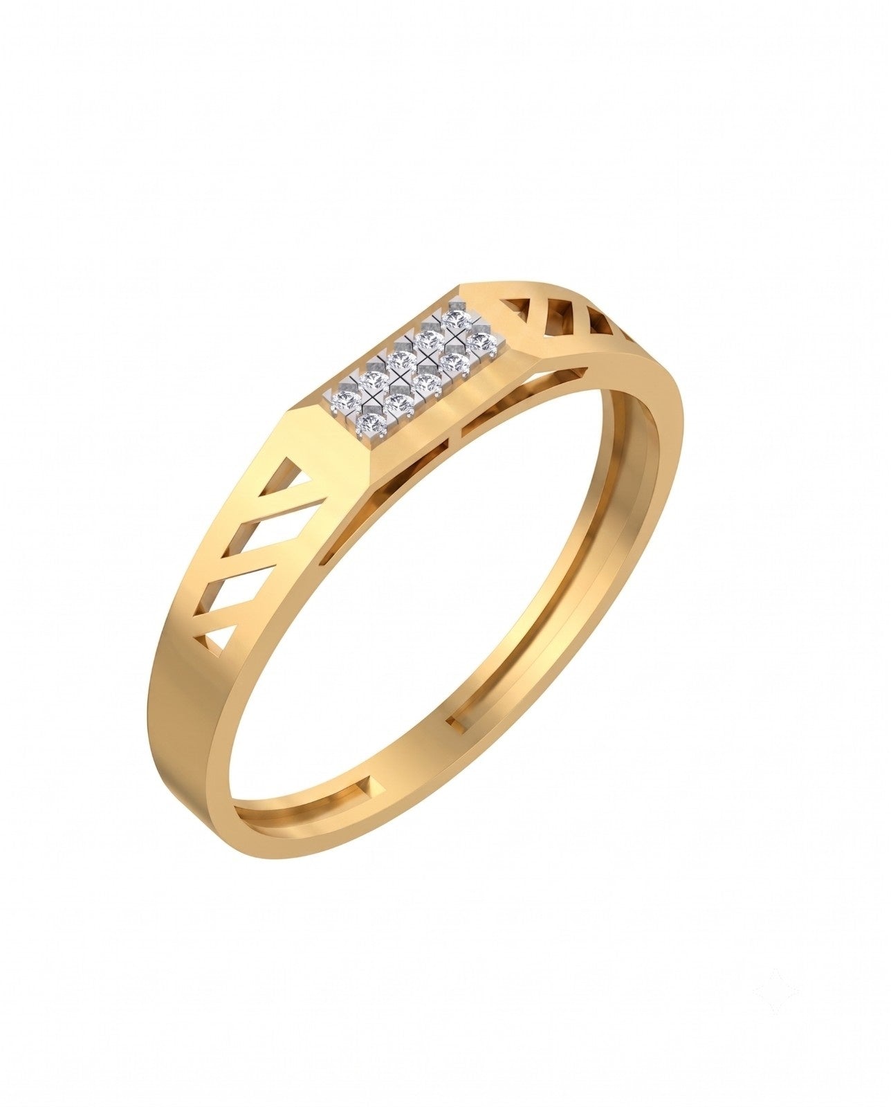 A yellow gold ring with a rectangular diamond center and geometric cutout details on the band, shown on a plain white background.