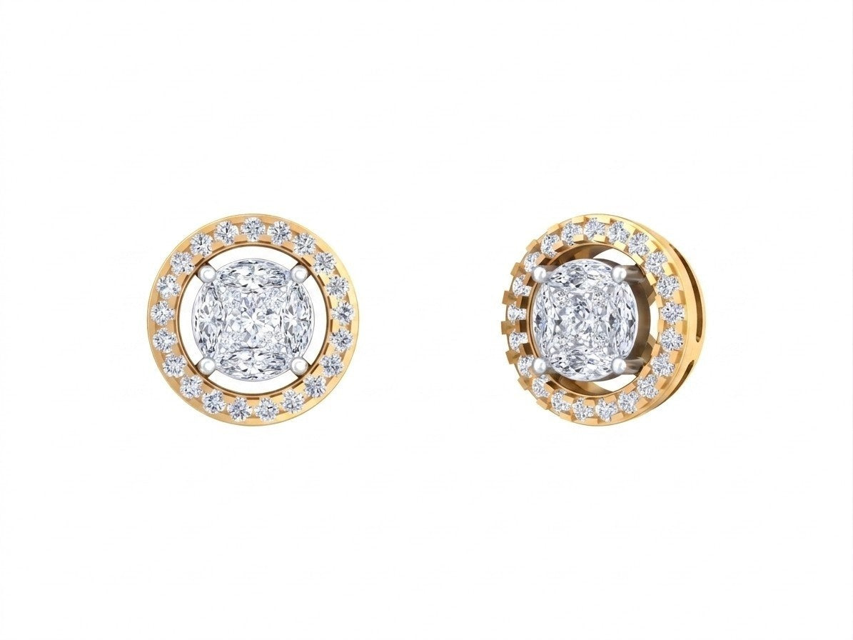A pair of yellow gold and diamond stud earrings, displaying the front and side views of the circular halo design.