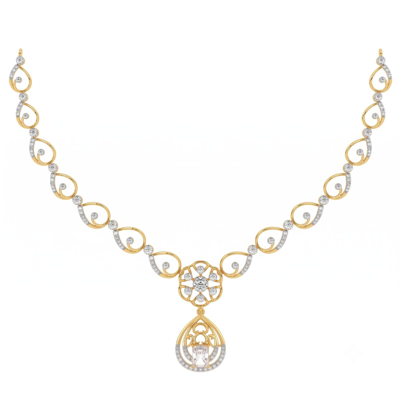 Yellow gold and diamond necklace with floral on a white background.