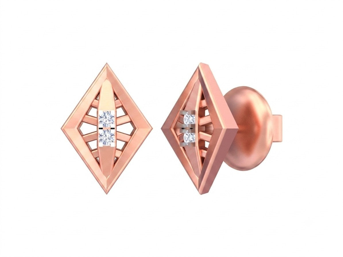  Rose gold and diamond dailywear stud earrings on a white background.