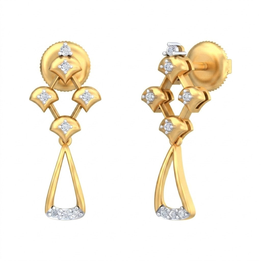 Yellow gold and diamond drop earring on a white background.