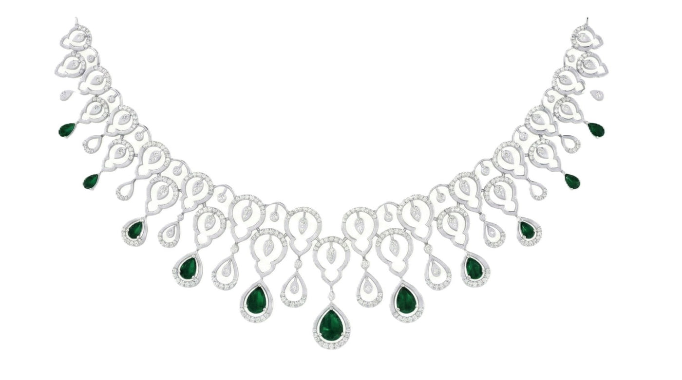 A white gold statement necklace featuring intricate loop motifs, diamond accents