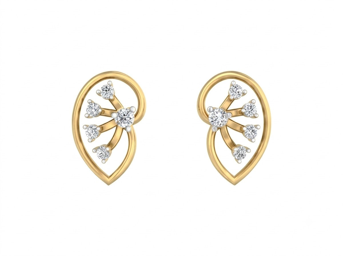 Yellow gold and diamond earrings on a white background.