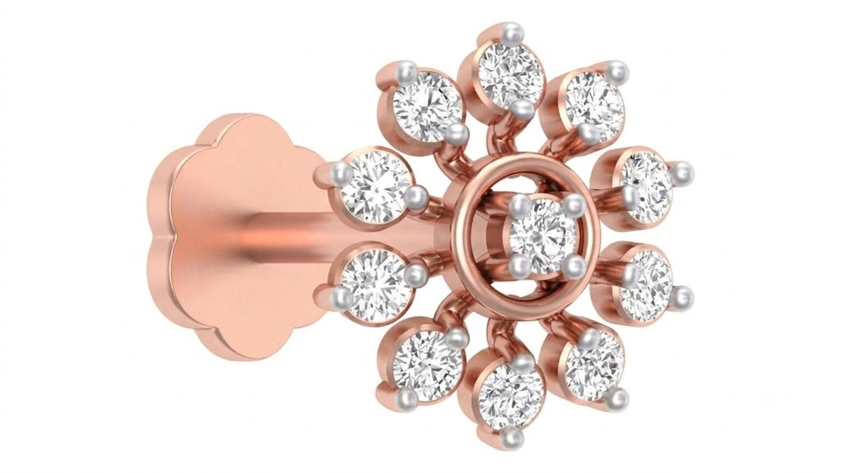 rose gold and diamond stud nose pin with clear diamond on a white background