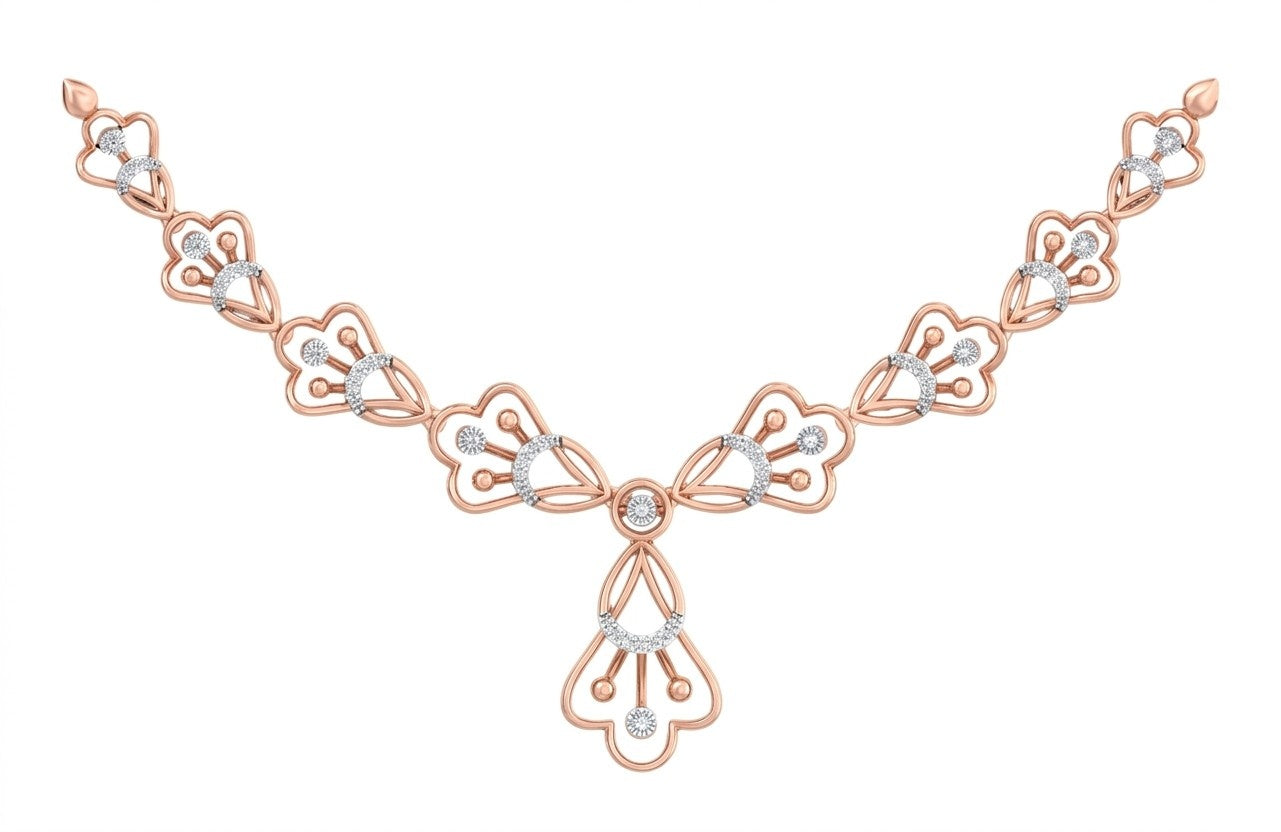 Rose gold and diamond floral necklace on a white background