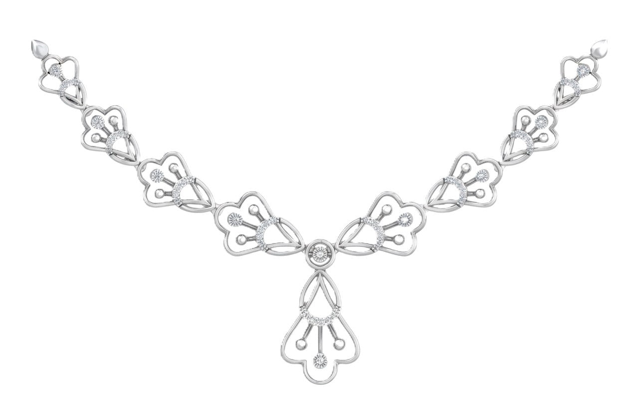 White gold and diamond floral necklace on a white background