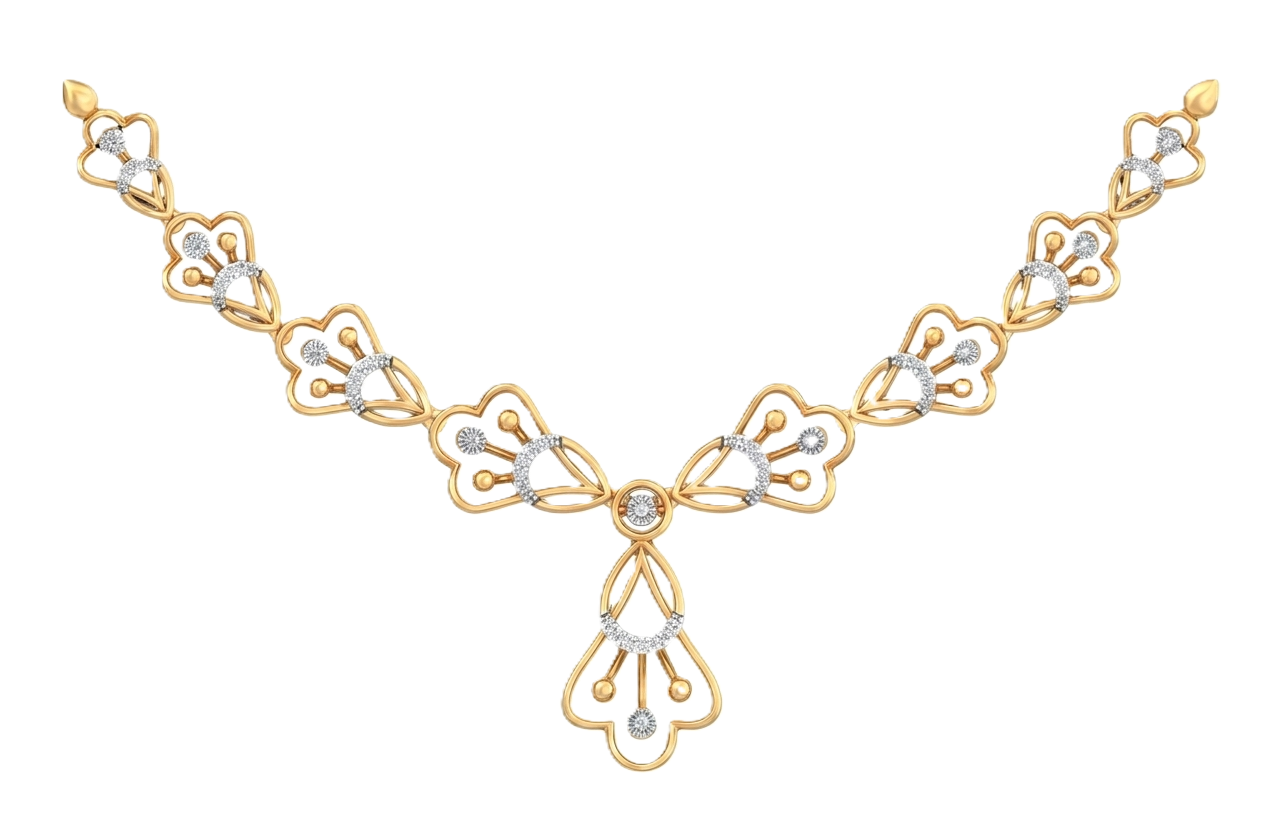 Yellow gold and diamond floral necklace on a white background