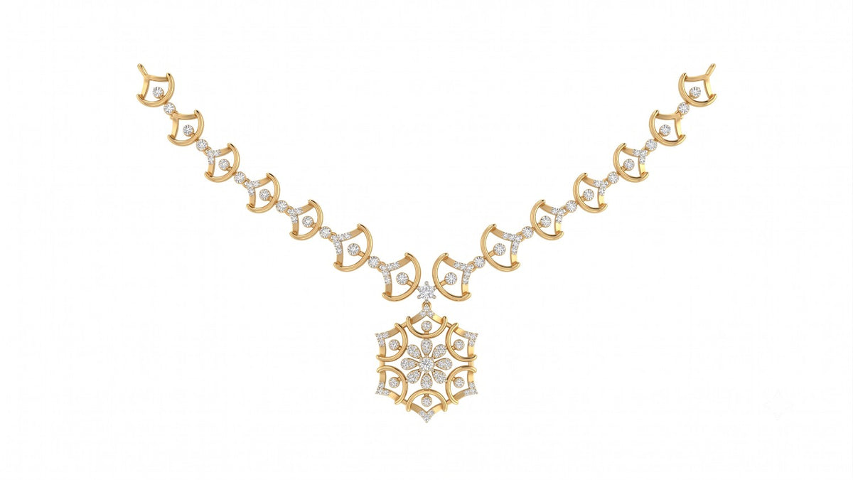 A yellow gold and diamond necklace featuring a central geometric, displayed on a solid white background.