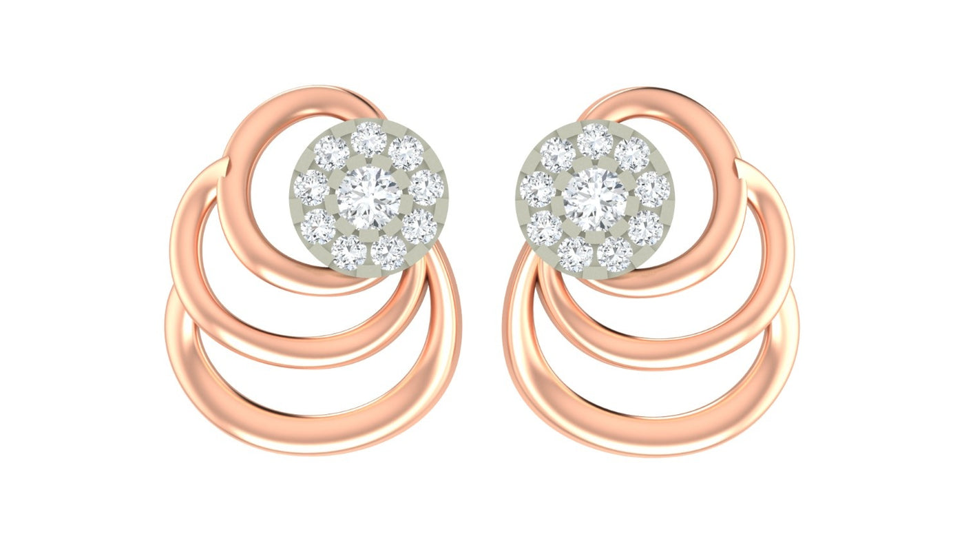 Rose gold and diamond stud earrings with circular designs on a white background.