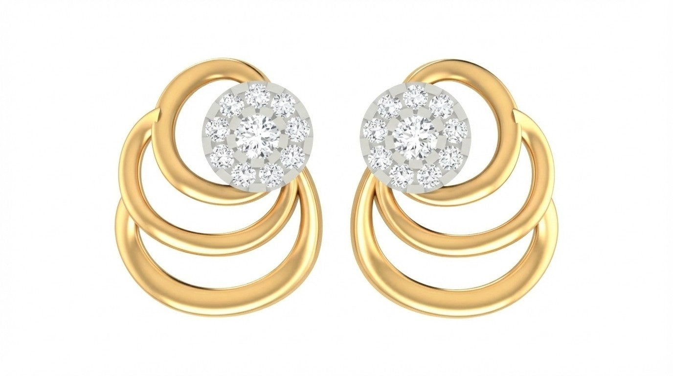 Yellow gold and diamond stud earrings with circular designs on a white background.