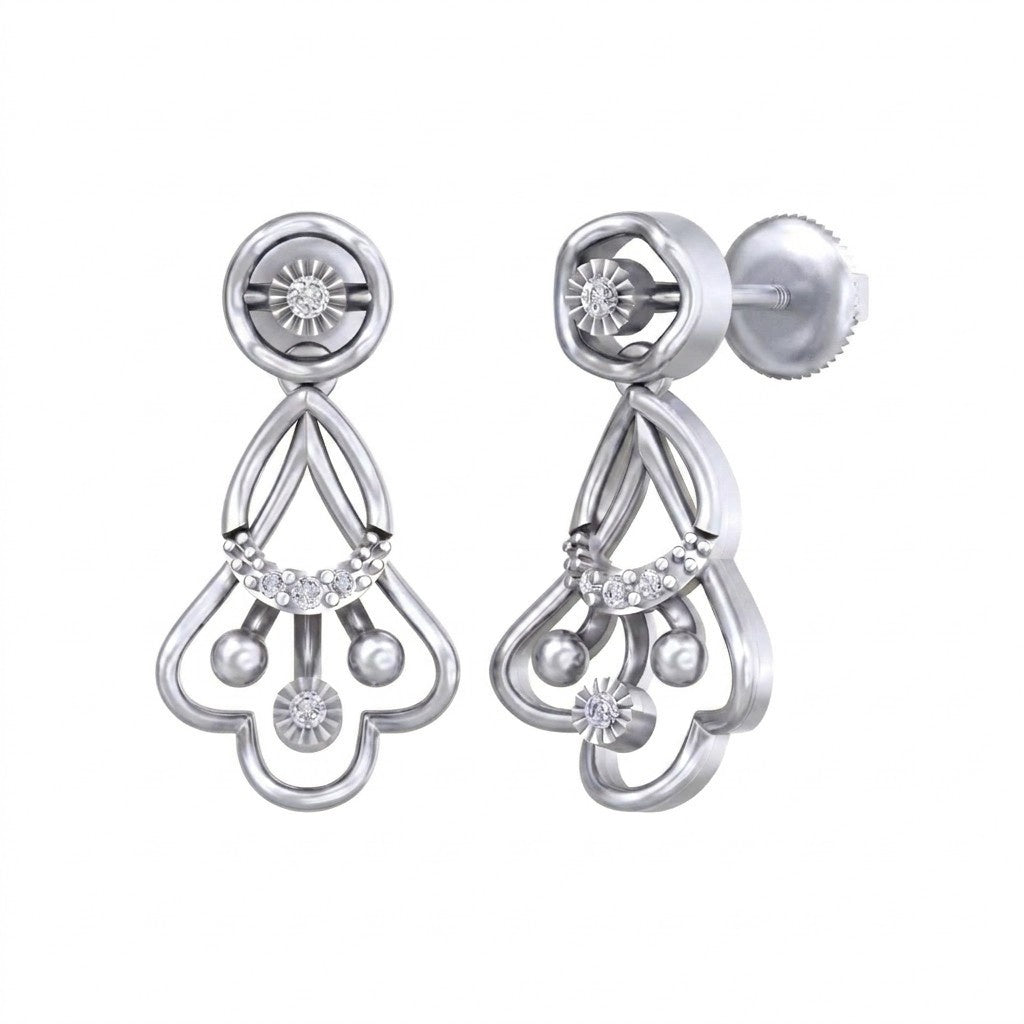 White gold and diamond drop earring on a white background.
