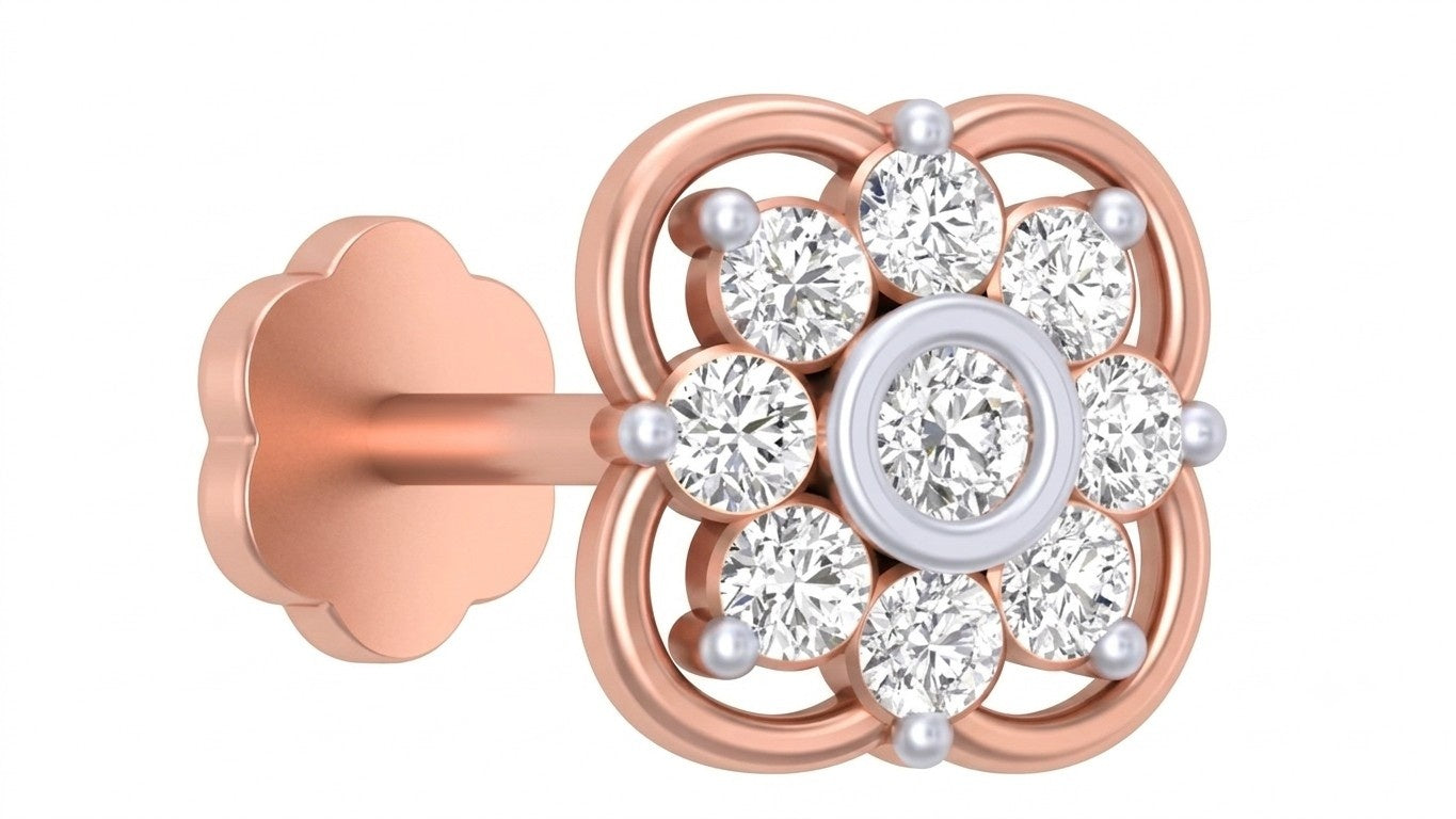 Rose gold and diamond stud nosepin with floral-shaped on a white background.
