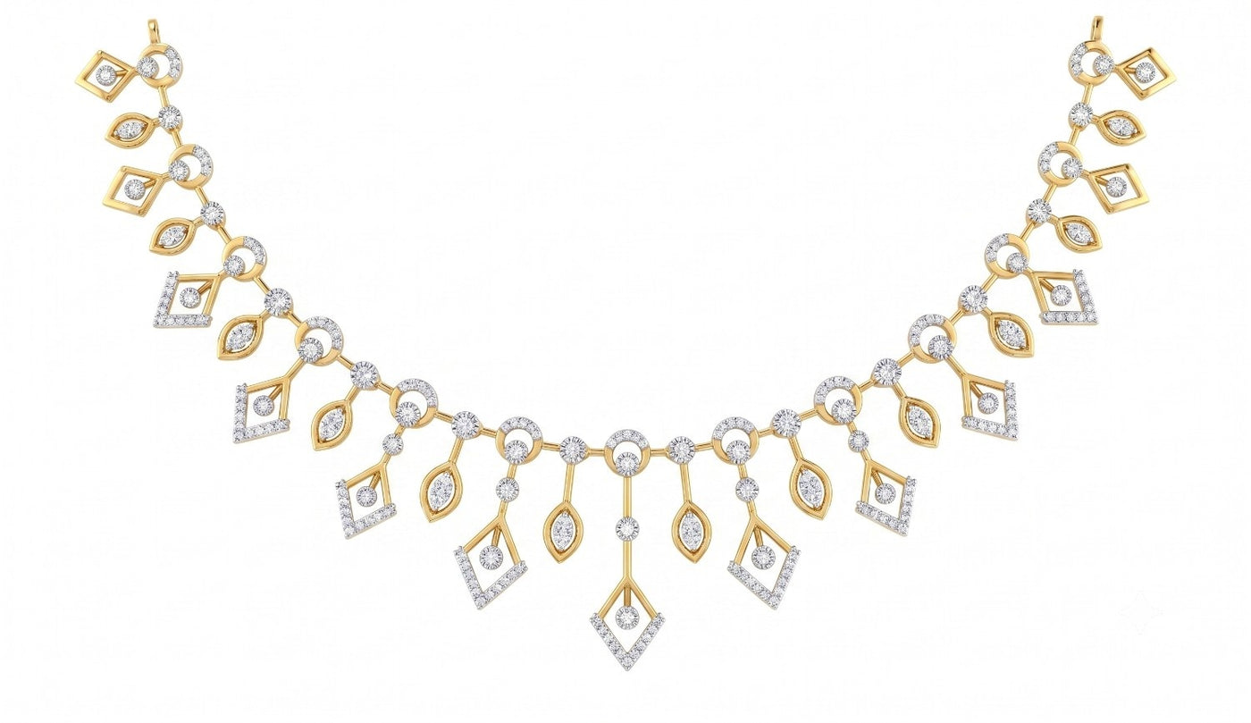A yellow gold and diamond necklace featuring a symmetrical design of teardrop, displayed on a clean white background.